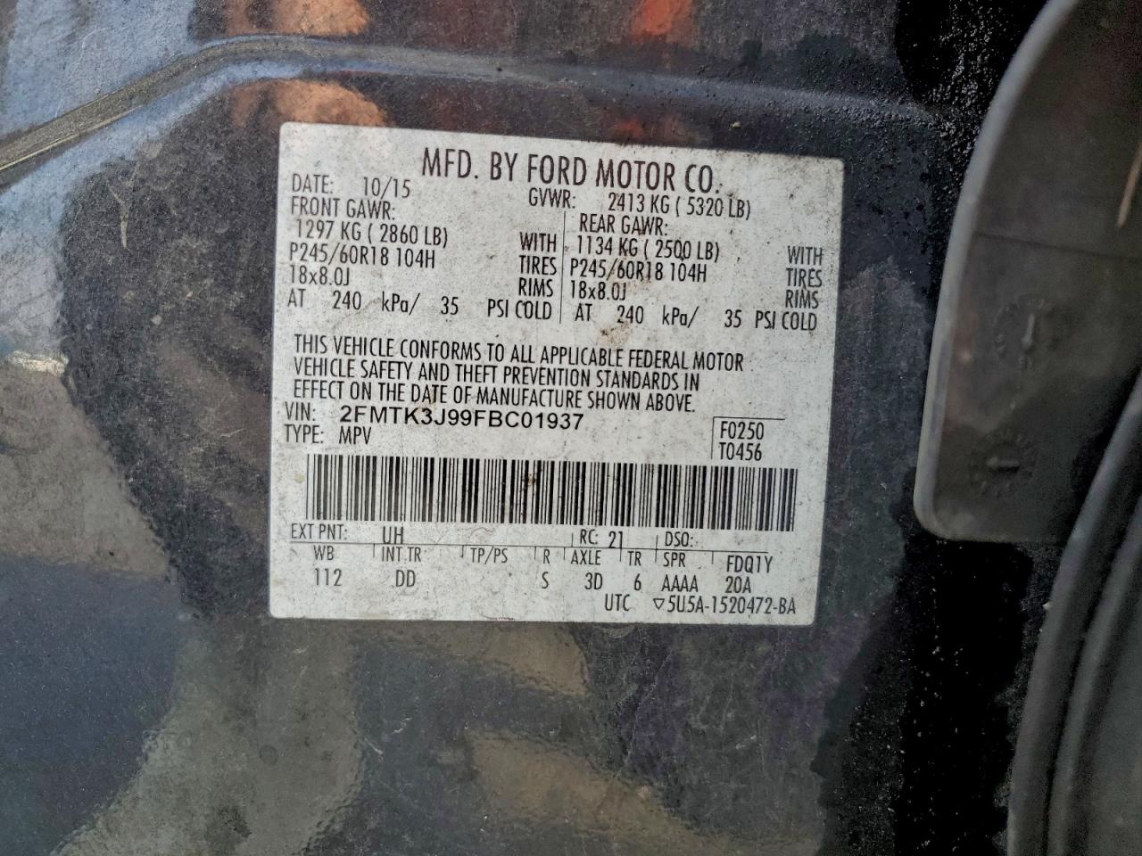 2015 Ford Edge Sel VIN: 2FMTK3J99FBC01937 Lot: 93668185