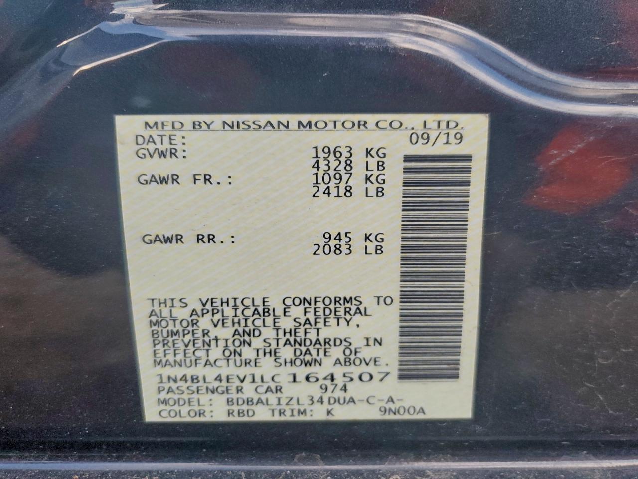 2020 Nissan Altima Sl VIN: 1N4BL4EV1LC164507 Lot: 94181015