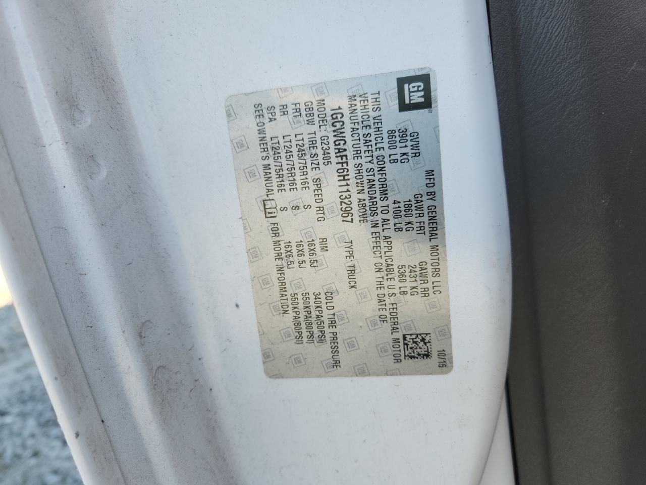 2017 Chevrolet Express G2500 VIN: 1GCWGAFF6H1132967 Lot: 92603745