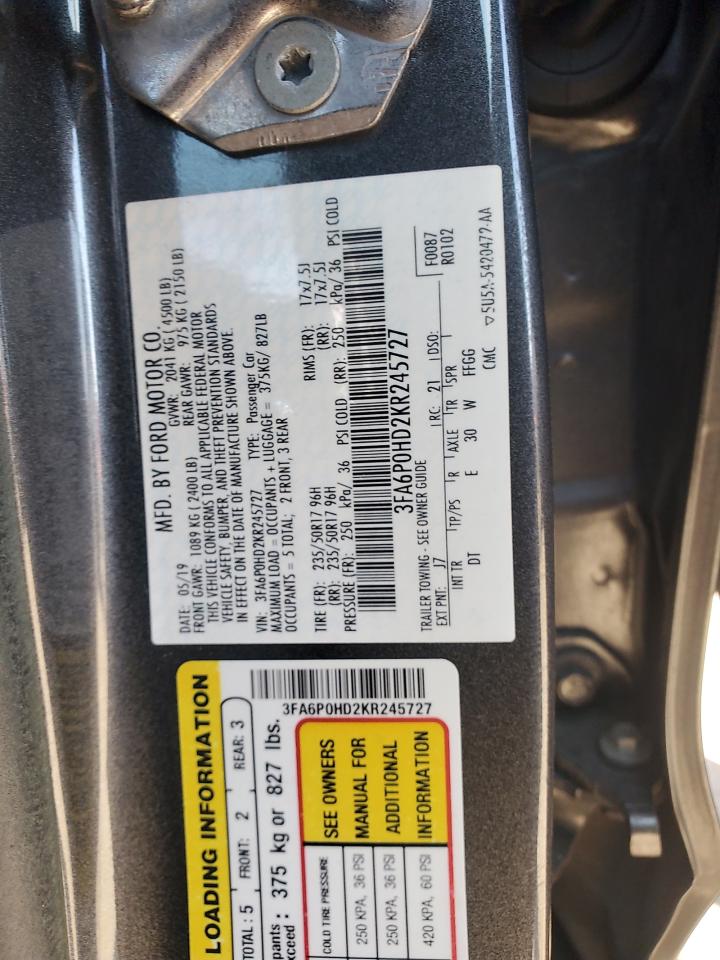 2019 Ford Fusion Se VIN: 3FA6P0HD2KR245727 Lot: 93489135