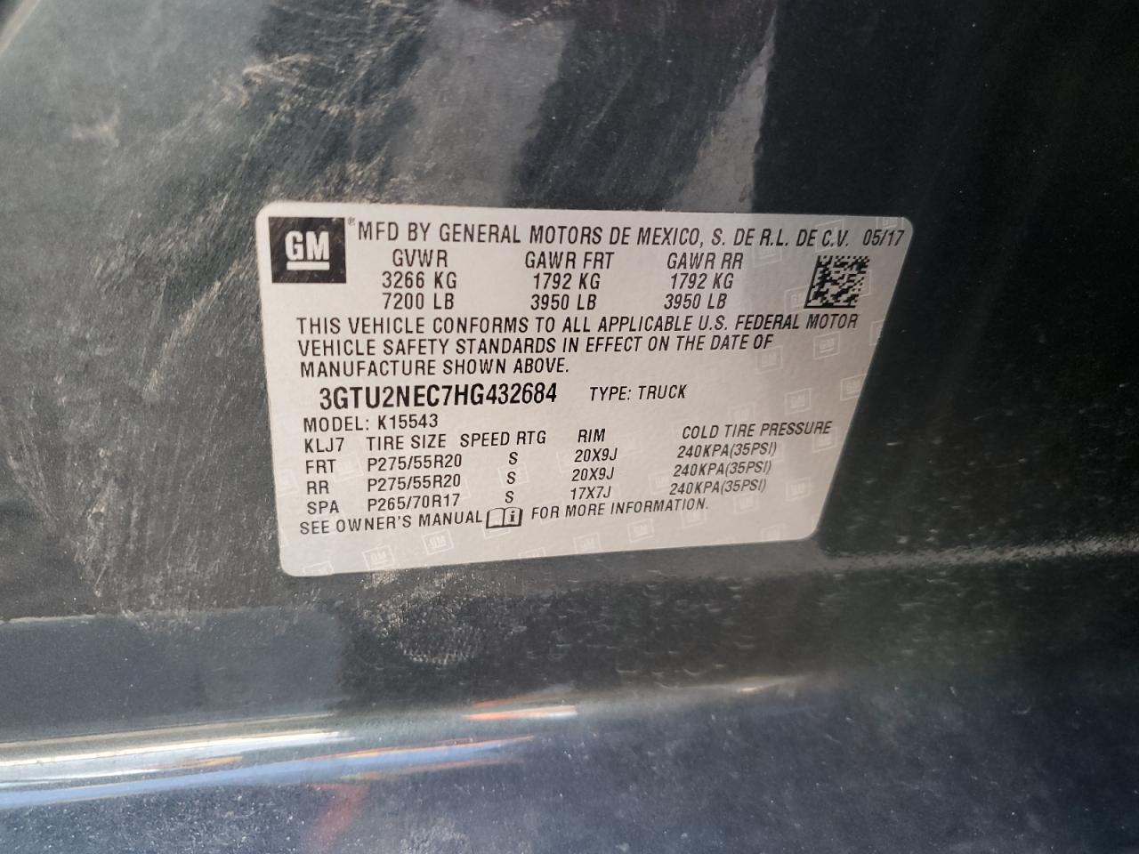 2017 GMC Sierra K1500 Slt VIN: 3GTU2NEC7HG432684 Lot: 92100075