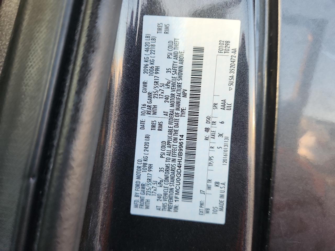 2017 Ford Escape Se VIN: 1FMCU0GD4HUB99614 Lot: 92872575