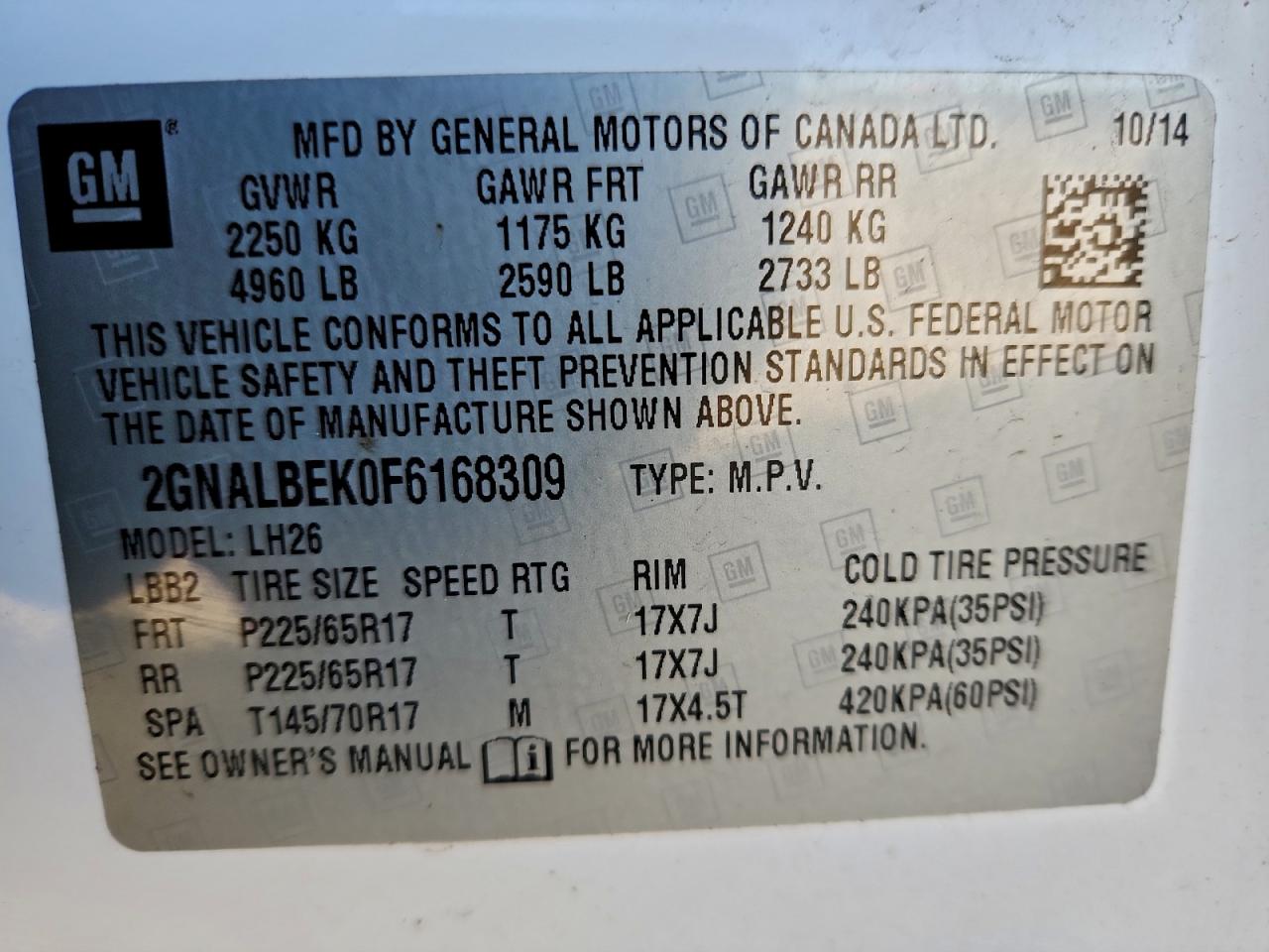 2015 Chevrolet Equinox Lt VIN: 2GNALBEK0F6168309 Lot: 94461525