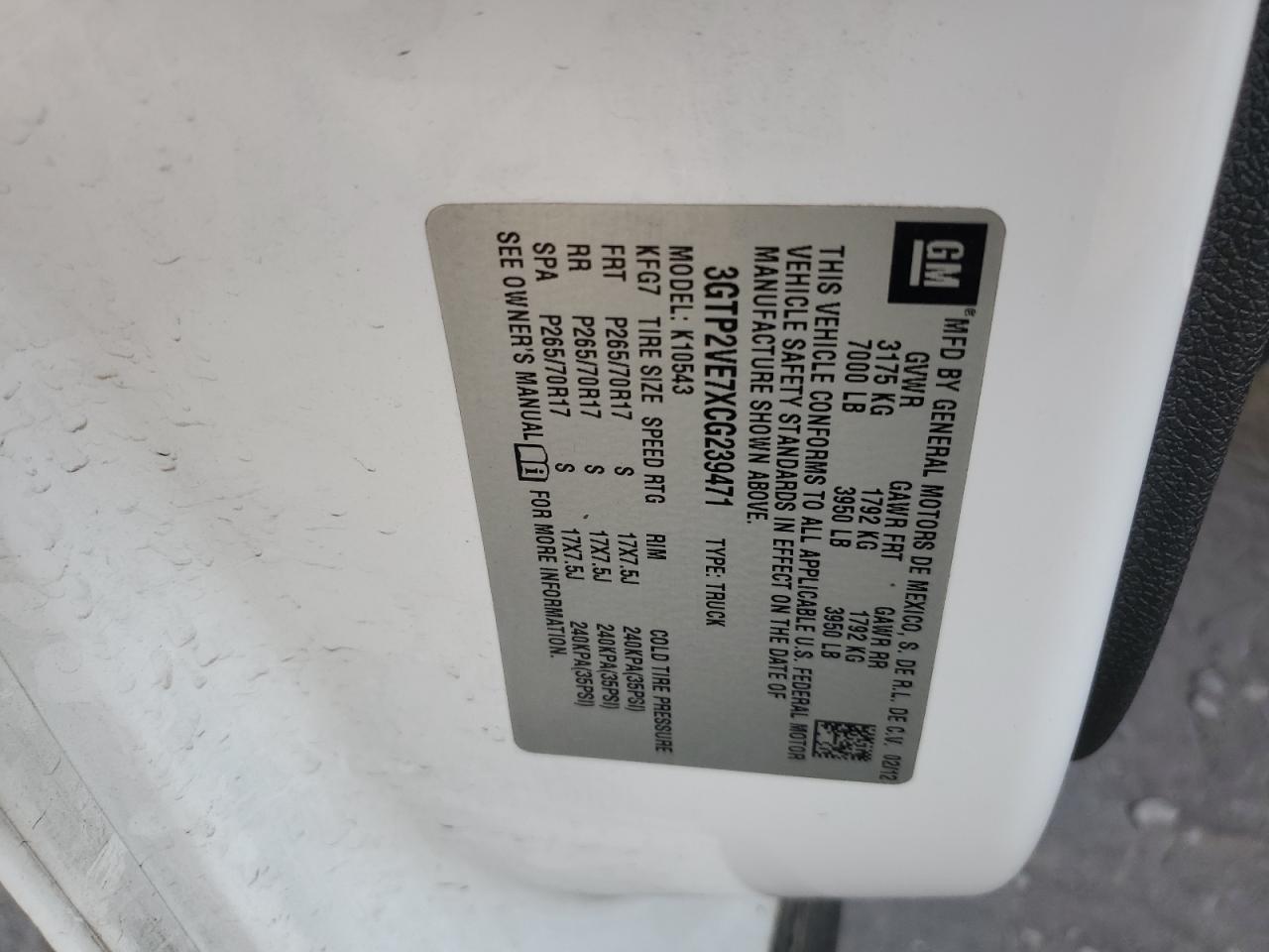 2012 GMC Sierra K1500 Sle VIN: 3GTP2VE7XCG239471 Lot: 93726475