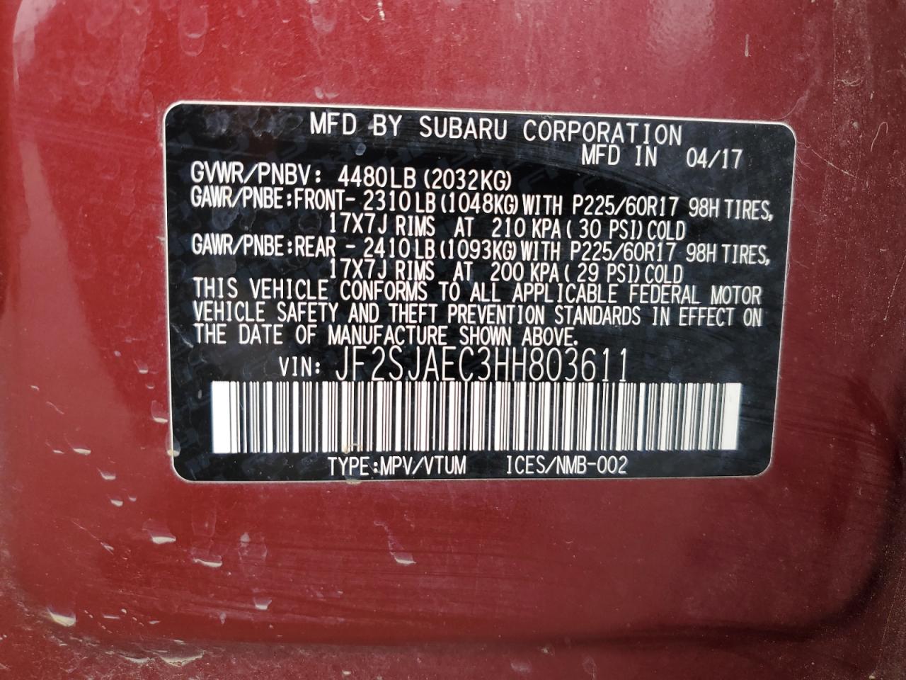 2017 Subaru Forester 2.5I Premium VIN: JF2SJAEC3HH803611 Lot: 93341255