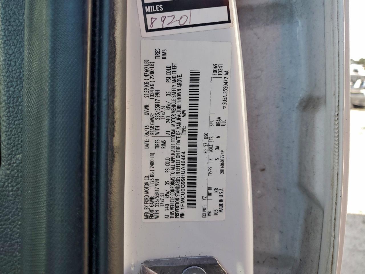 2017 Ford Escape Se VIN: 1FMCU0G99HUA46464 Lot: 93698415