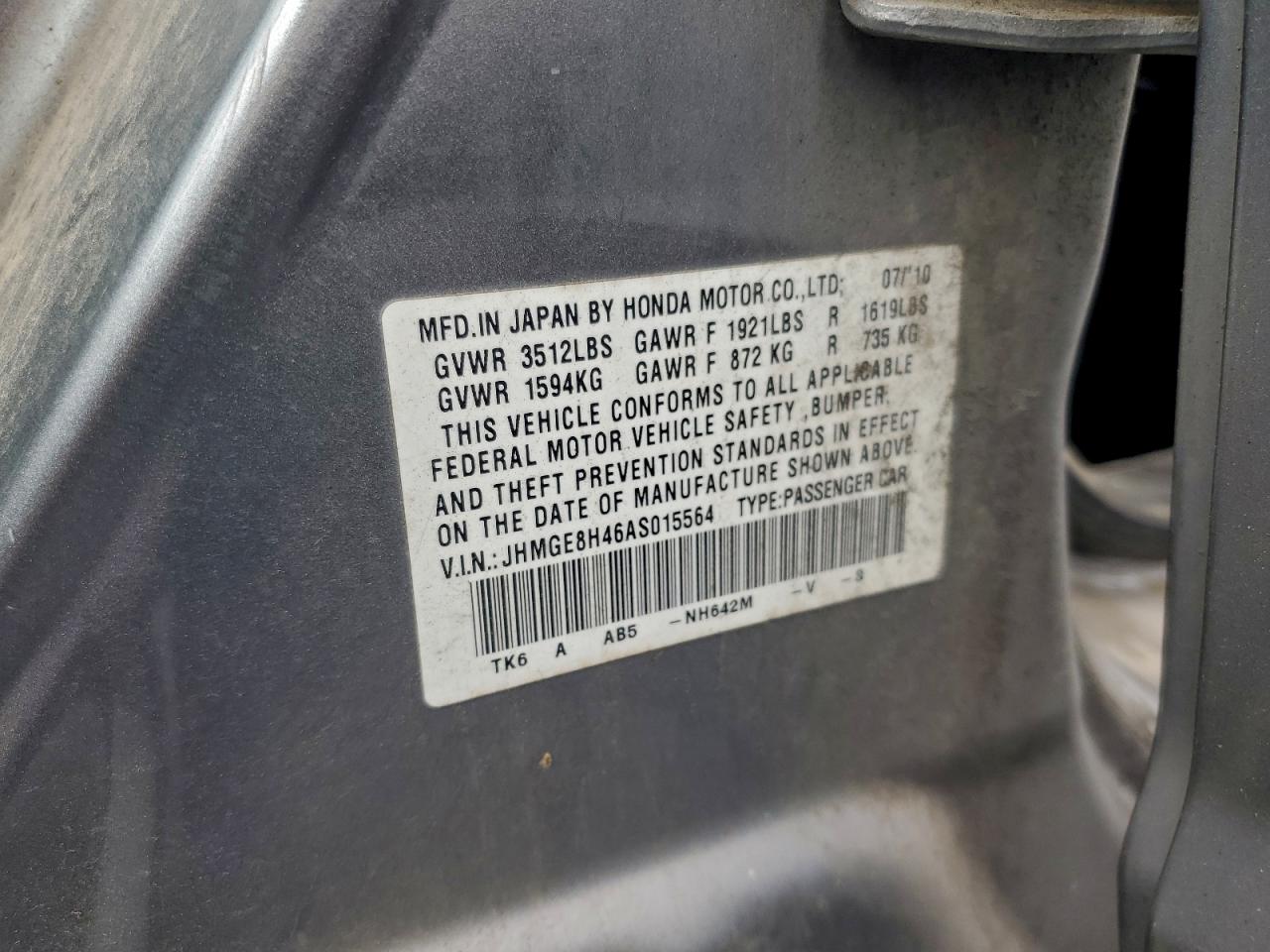 2010 Honda Fit Sport VIN: JHMGE8H46AS015564 Lot: 93911295