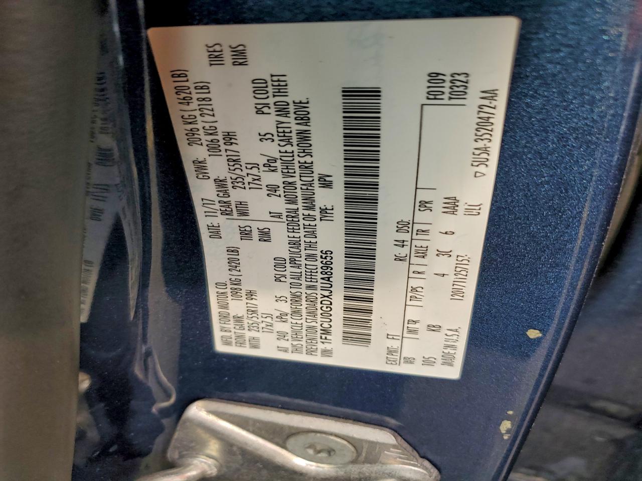 2018 Ford Escape Se VIN: 1FMCU0GDXJUA89656 Lot: 94847155