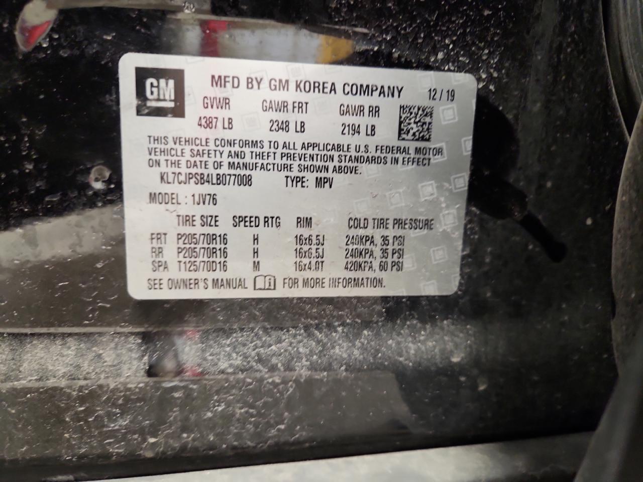 2020 Chevrolet Trax 1Lt VIN: KL7CJPSB4LB077008 Lot: 91206475