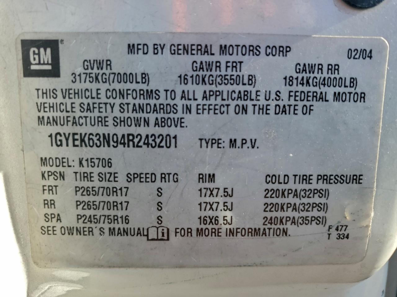 2004 Cadillac Escalade Luxury VIN: 1GYEK63N94R243201 Lot: 94272625