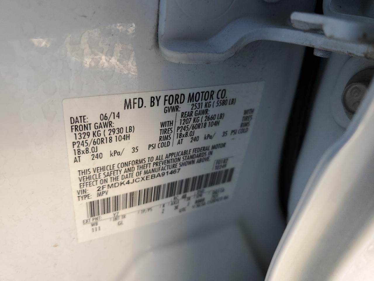 2014 Ford Edge Sel VIN: 2FMDK4JCXEBA91467 Lot: 91774305