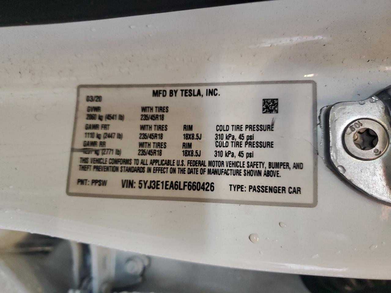 2020 Tesla Model 3 VIN: 5YJ3E1EA6LF660426 Lot: 93241565