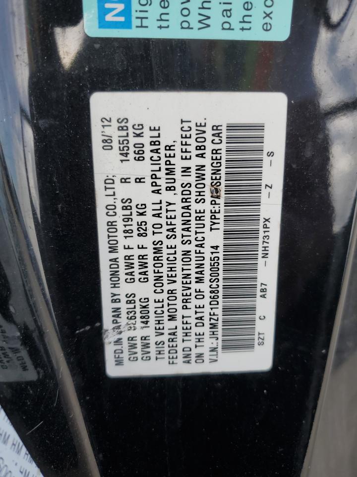 2012 Honda Cr-Z Ex VIN: JHMZF1D68CS005514 Lot: 91644515