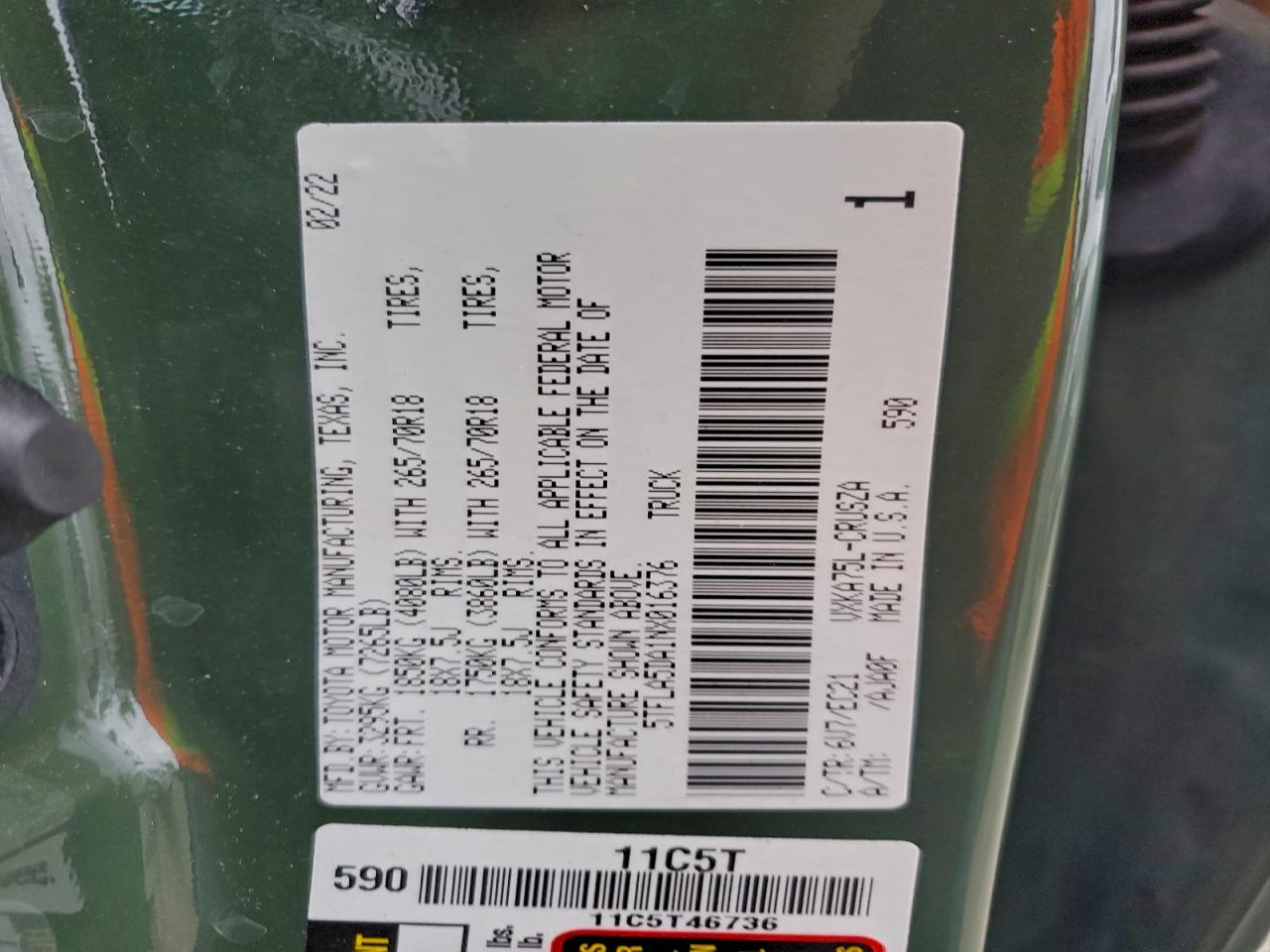 2022 Toyota Tundra Double Cab Sr VIN: 5TFLA5DA1NX016376 Lot: 93996955