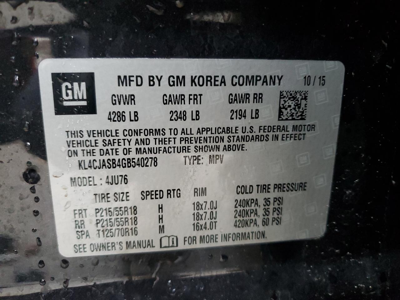 2016 Buick Encore VIN: KL4CJASB4GB540278 Lot: 93055215