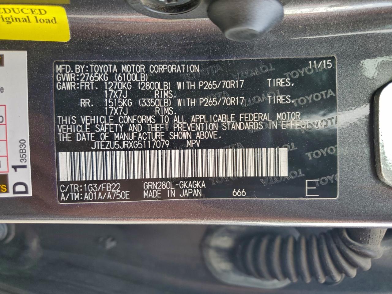 2016 Toyota 4Runner Sr5 VIN: JTEZU5JRXG5117079 Lot: 93972355