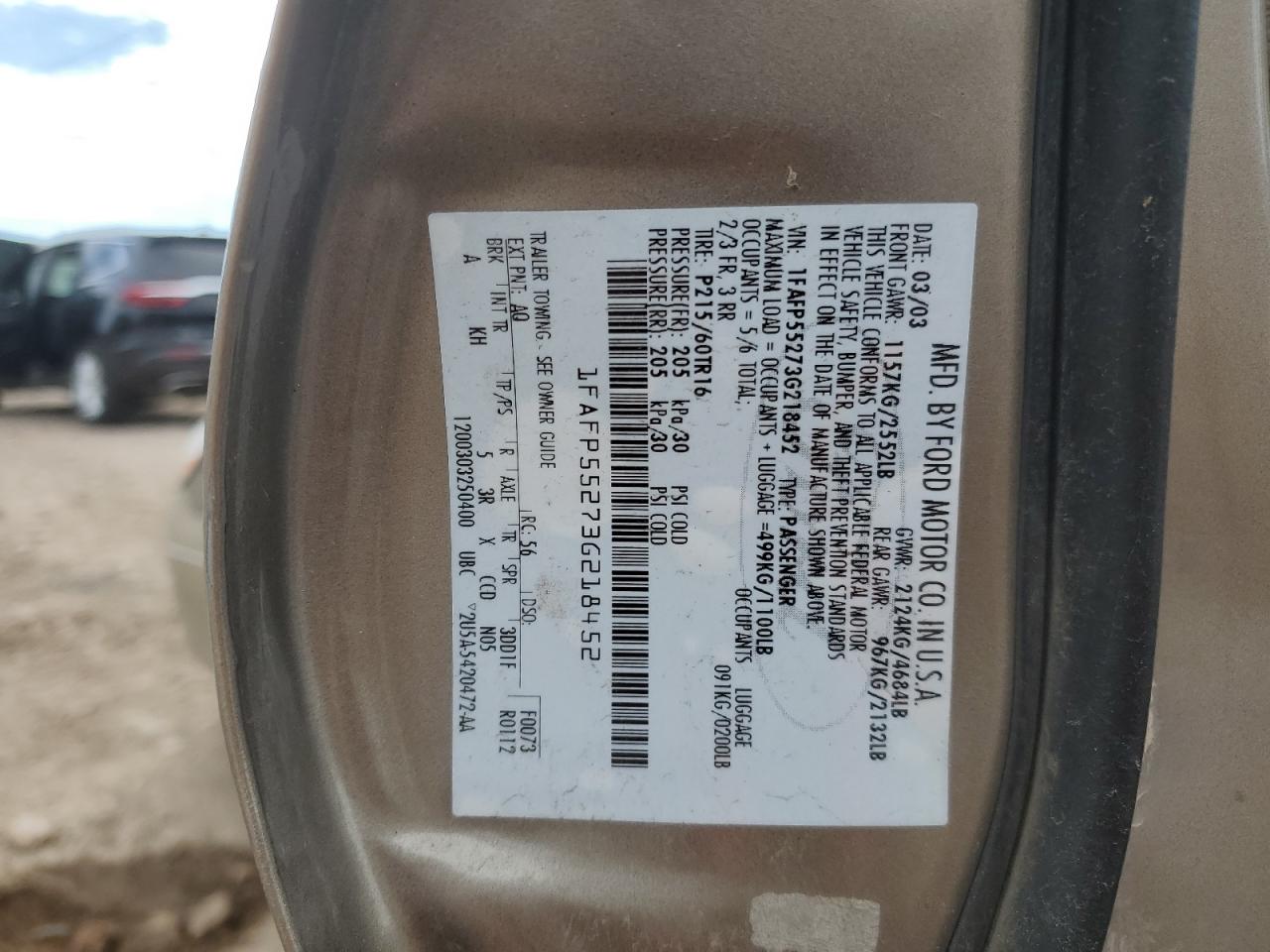 2003 Ford Taurus Ses VIN: 1FAFP55273G218452 Lot: 91138945