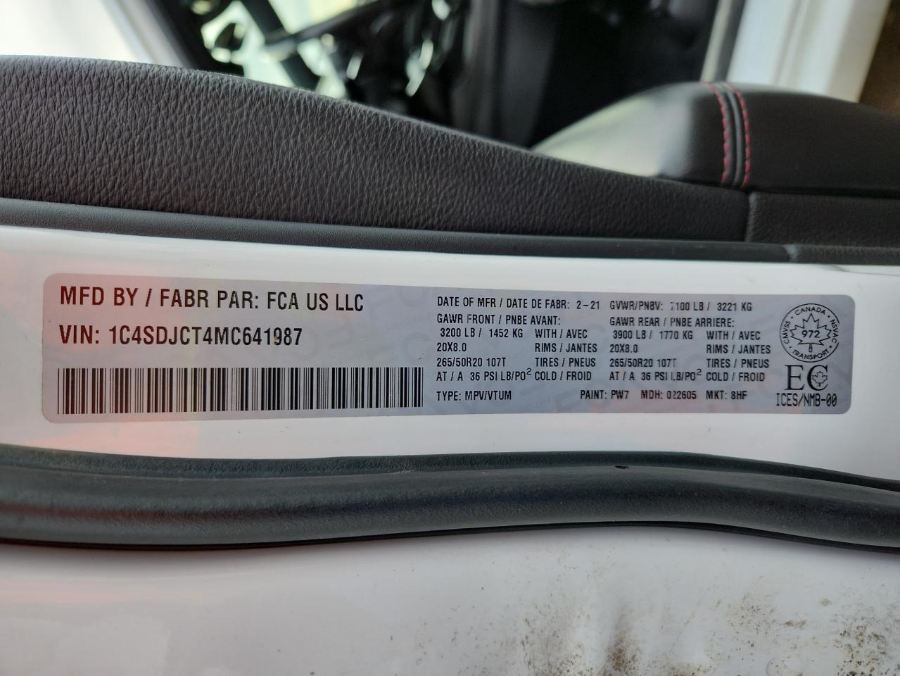 2021 Dodge Durango R/T VIN: 1C4SDJCT4MC641987 Lot: 93468265