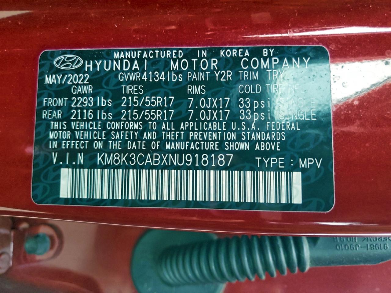 2022 Hyundai Kona Sel VIN: KM8K3CABXNU918187 Lot: 93709475