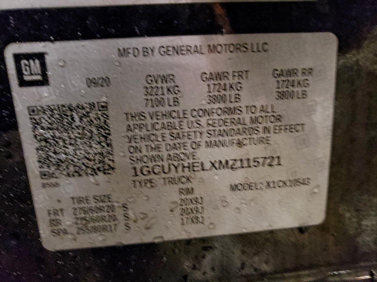 2021 Chevrolet Silverado K1500 High Country VIN: 1GCUYHELXMZ115721 Lot: 94600765