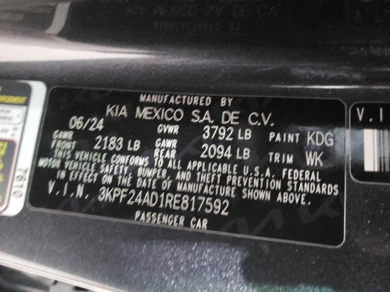 2024 Kia Forte Lx VIN: 3KPF24AD1RE817592 Lot: 85438035