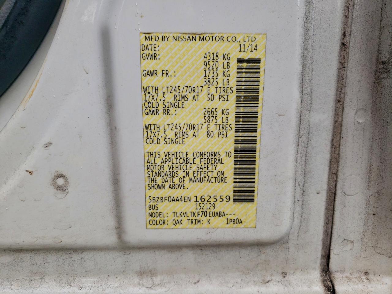 2014 Nissan Nv 3500 S VIN: 5BZBF0AA4EN162559 Lot: 93265335