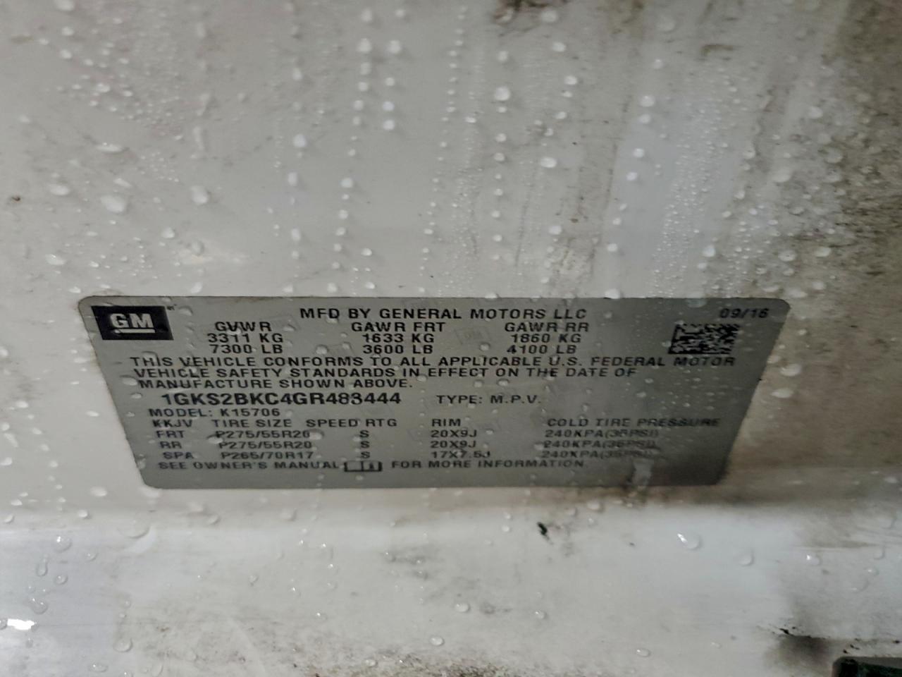 2016 GMC Yukon Slt VIN: 1GKS2BKC4GR483444 Lot: 93422515