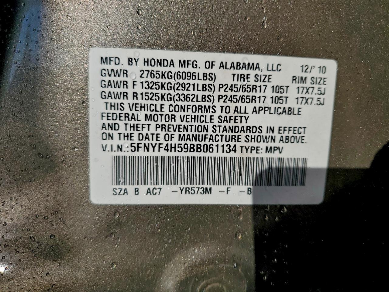 2011 Honda Pilot Exl VIN: 5FNYF4H59BB061134 Lot: 93365285