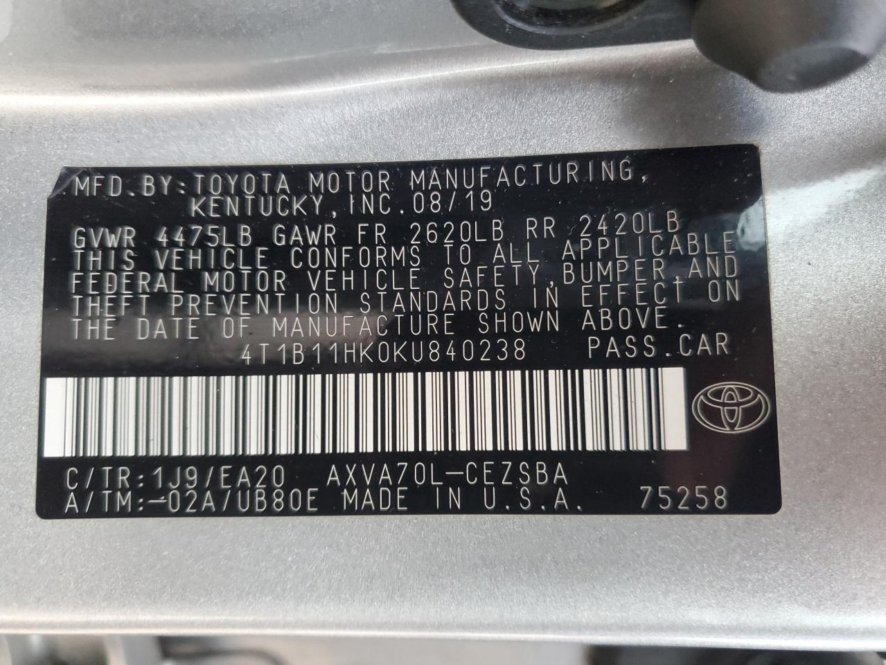 2019 Toyota Camry L VIN: 4T1B11HK0KU840238 Lot: 92530515