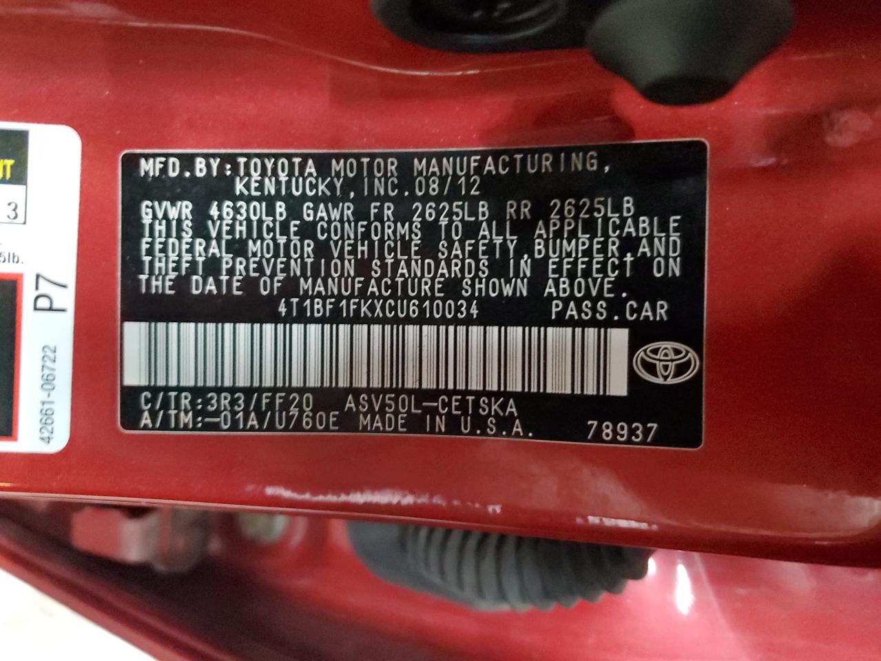 2012 Toyota Camry Base VIN: 4T1BF1FKXCU610034 Lot: 92371085