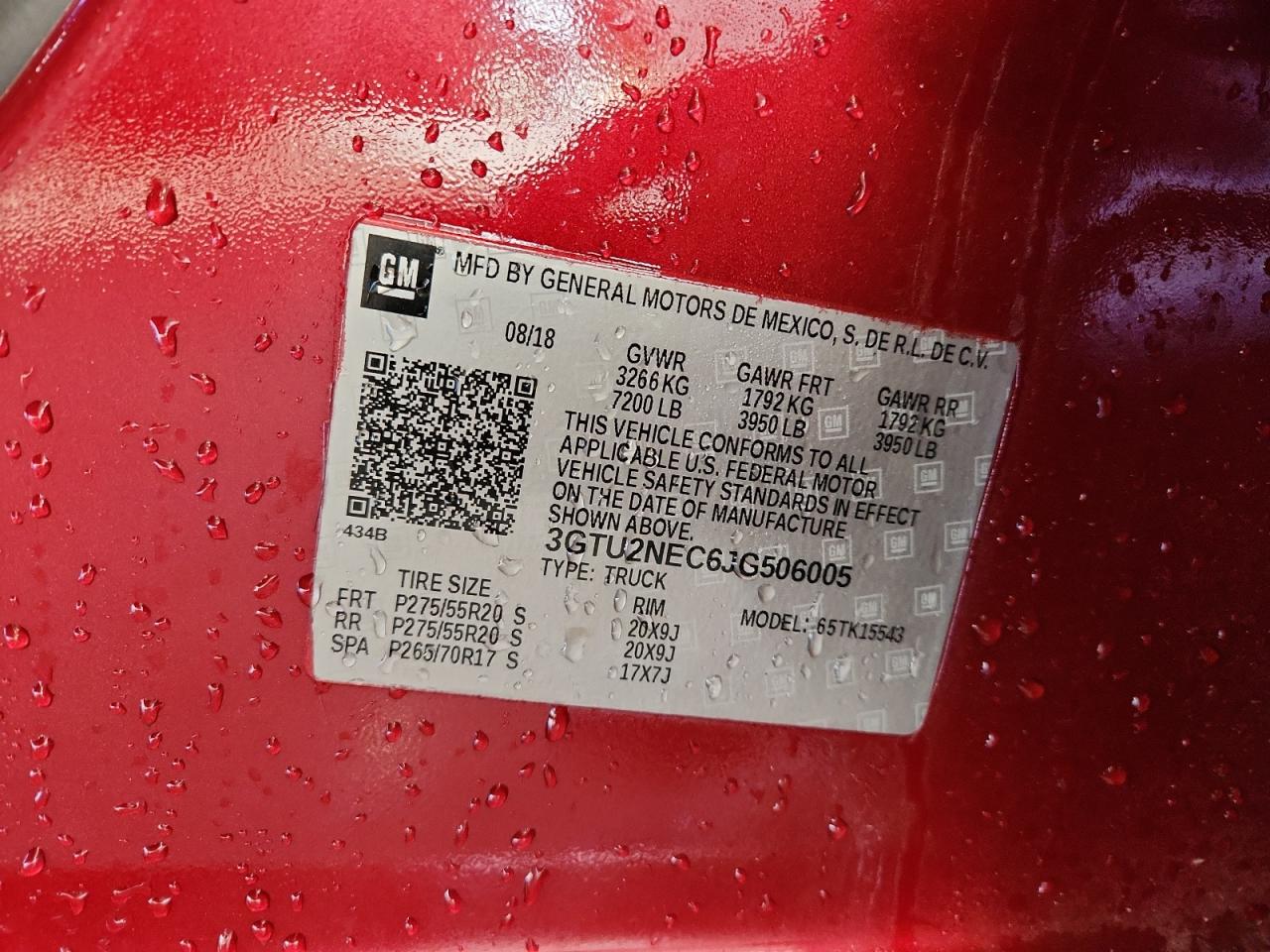 2018 GMC Sierra K1500 Slt VIN: 3GTU2NEC6JG506005 Lot: 91215965