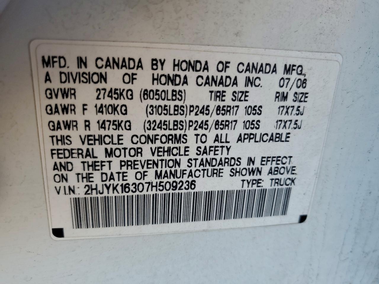 2007 Honda Ridgeline Rtx VIN: 2HJYK16307H509236 Lot: 94377105