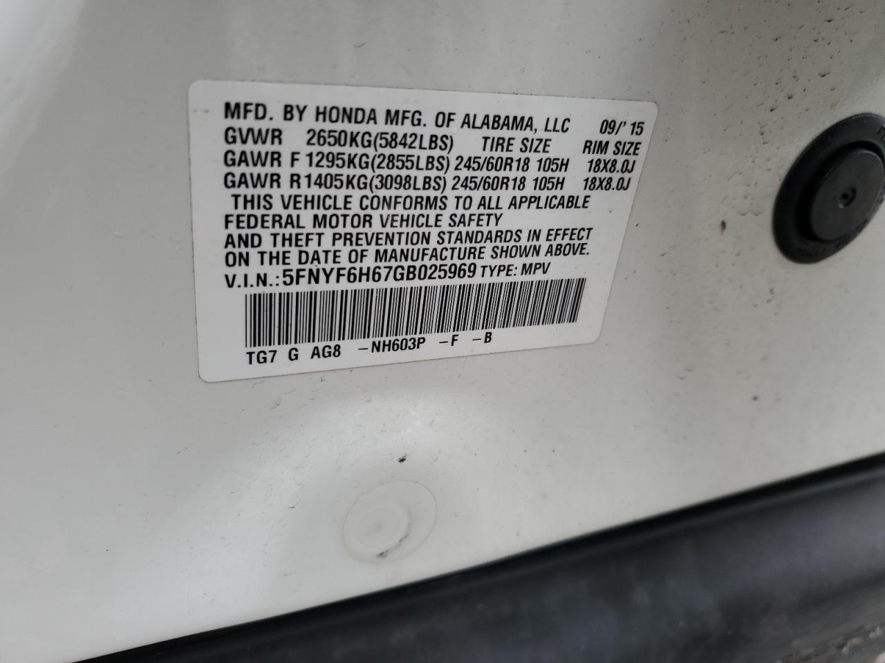 2016 Honda Pilot Exl VIN: 5FNYF6H67GB025969 Lot: 91999795