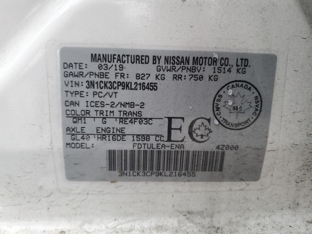 2019 Nissan Micra VIN: 3N1CK3CP9KL216455 Lot: 91975885