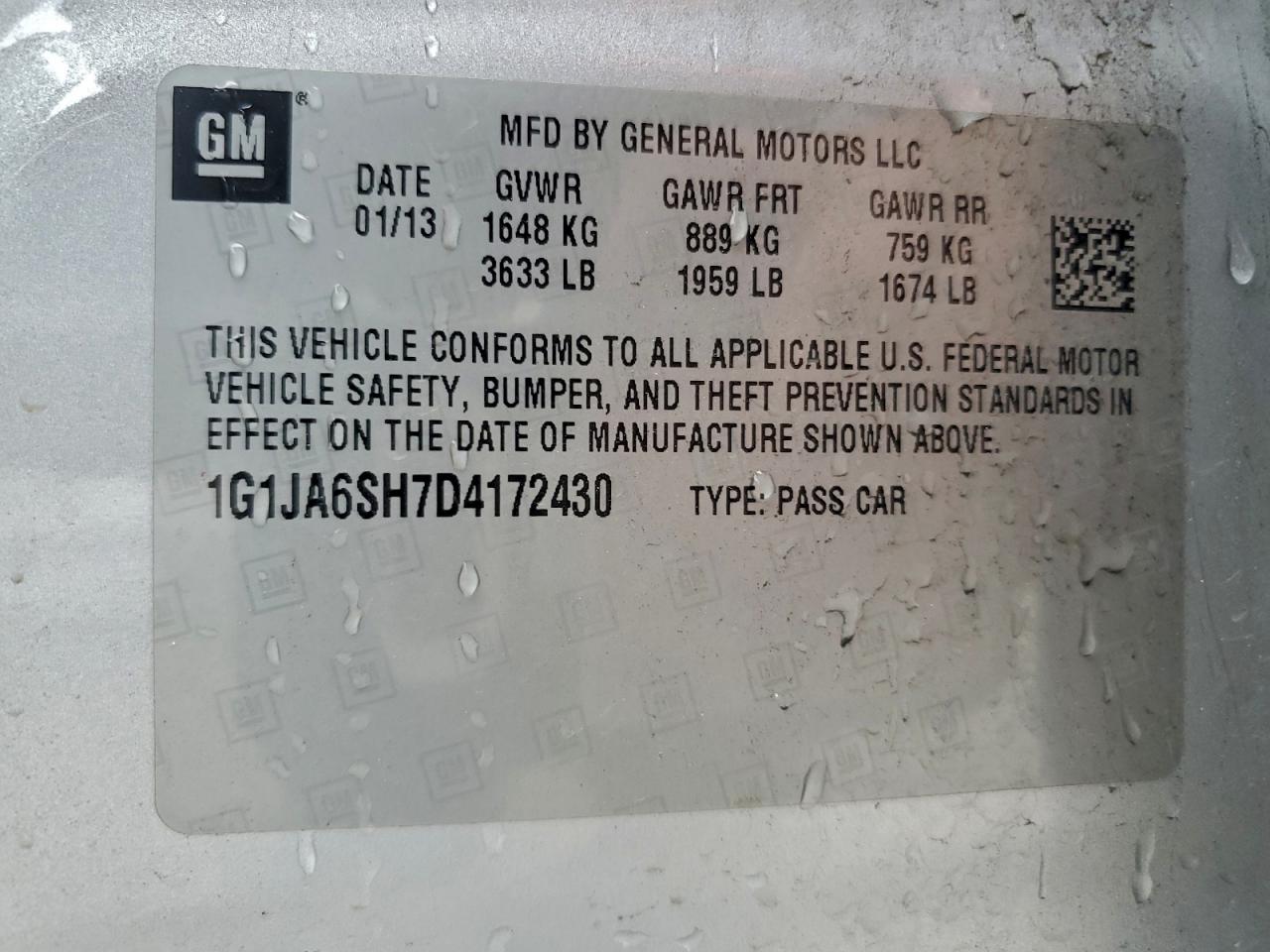 2013 Chevrolet Sonic Ls VIN: 1G1JA6SH7D4172430 Lot: 94077845