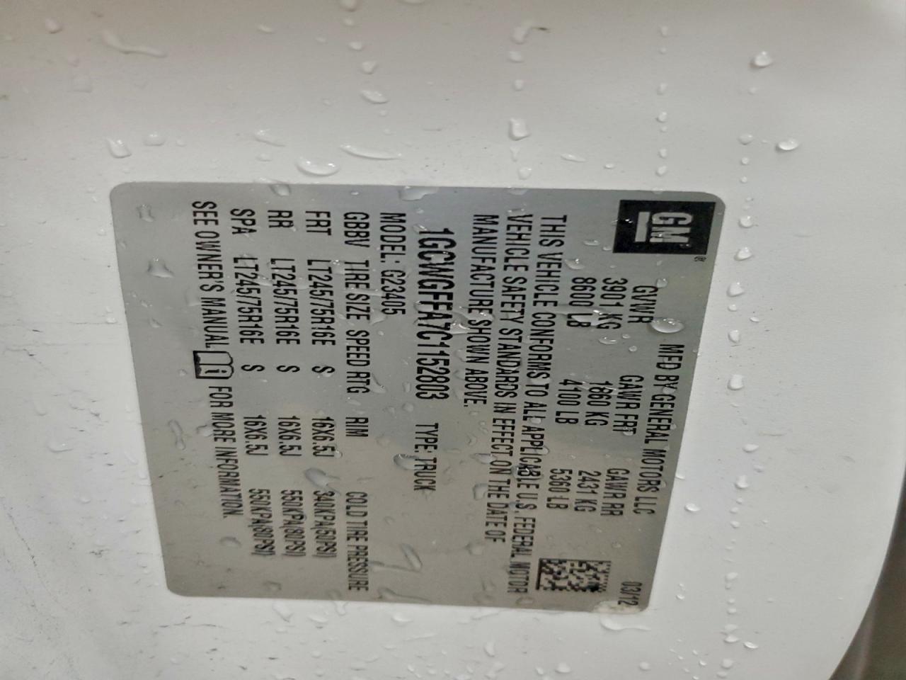 2012 Chevrolet Express G2500 VIN: 1GCWGFFA7C1152803 Lot: 93953855