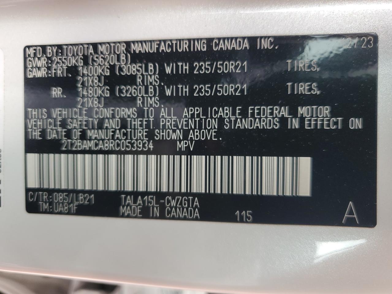 2024 Lexus Rx 350 Base VIN: 2T2BAMCA8RC053934 Lot: 91983045