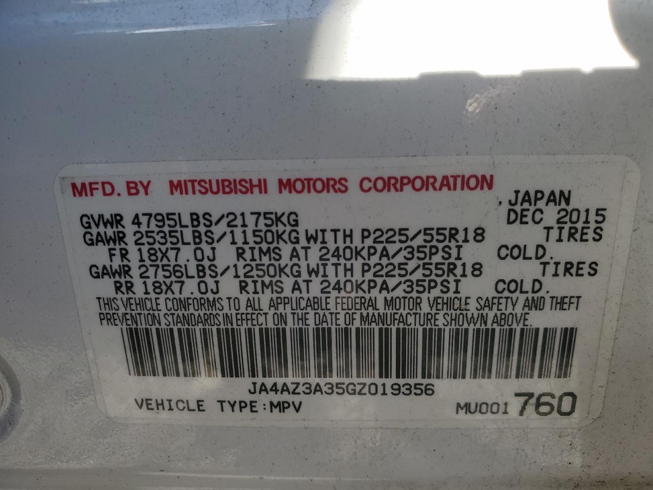 2016 Mitsubishi Outlander Se VIN: JA4AZ3A35GZ019356 Lot: 92175485