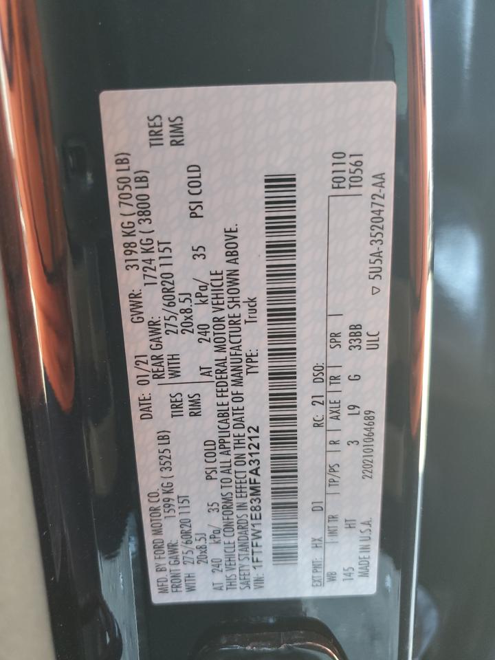 2021 Ford F150 Supercrew VIN: 1FTFW1E83MFA31212 Lot: 91043865