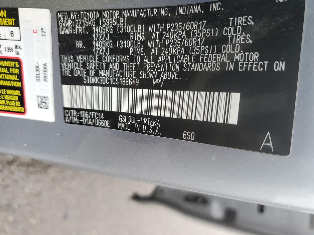 2012 Toyota Sienna Le VIN: 5TDKK3DC1CS188649 Lot: 92814445