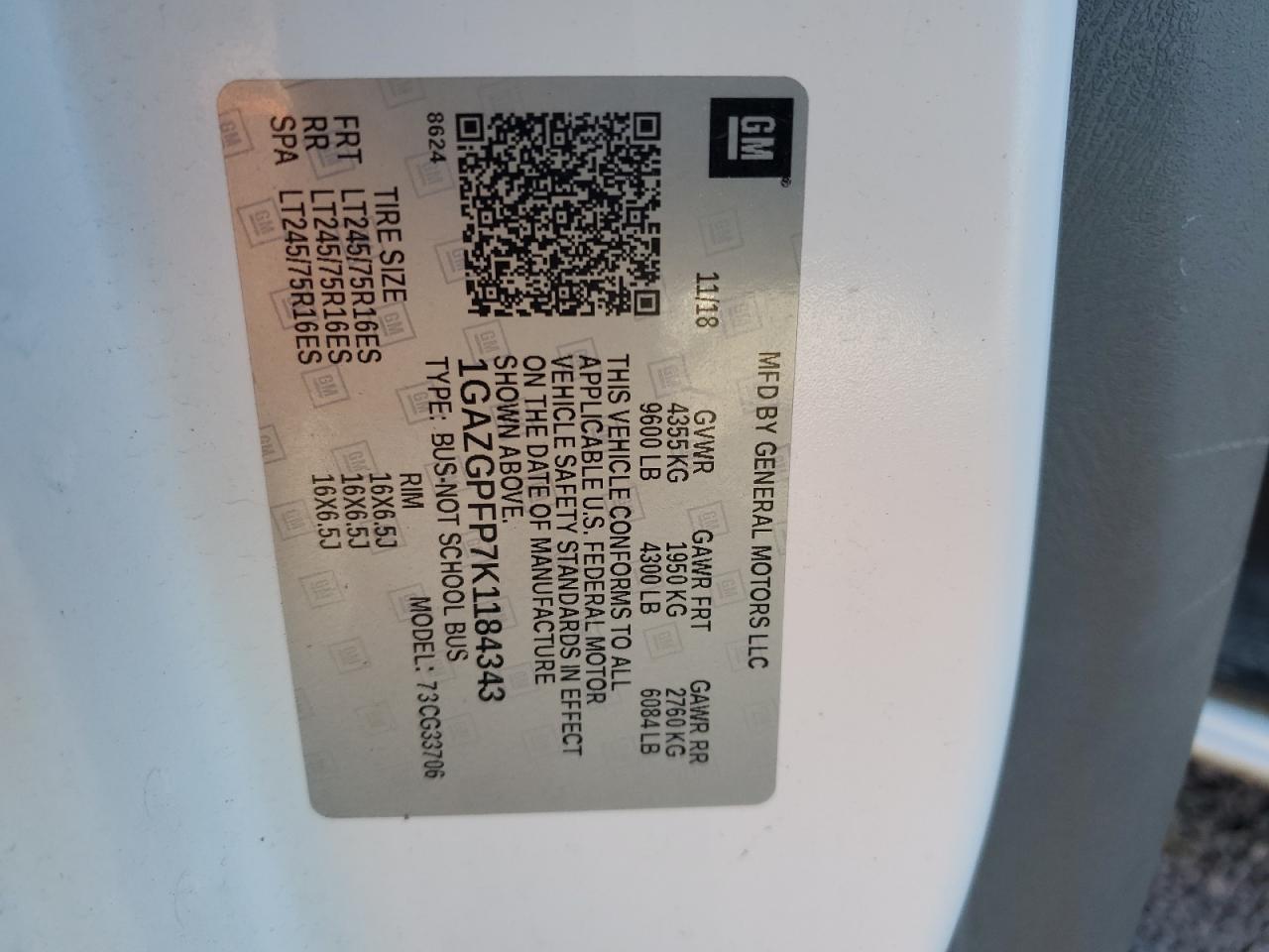 2019 Chevrolet Express G3500 Lt VIN: 1GAZGPFP7K1184343 Lot: 91469855