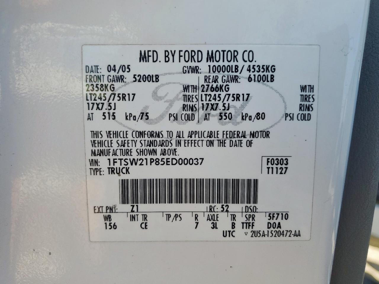 2005 Ford F250 Super Duty VIN: 1FTSW21P85ED00037 Lot: 92848625