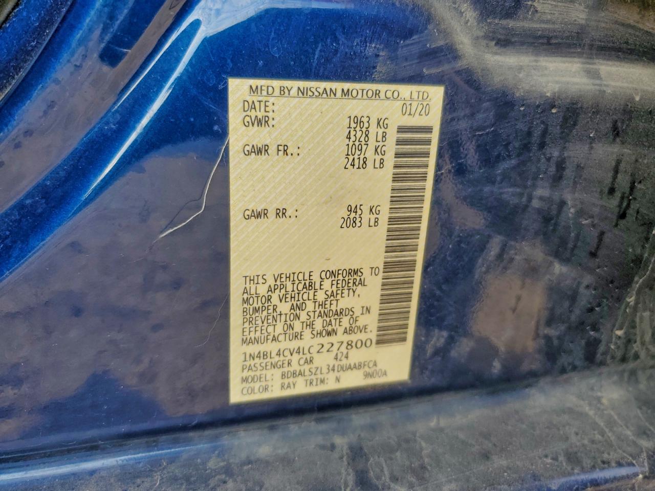 2020 Nissan Altima Sr VIN: 1N4BL4CV4LC227800 Lot: 94445185