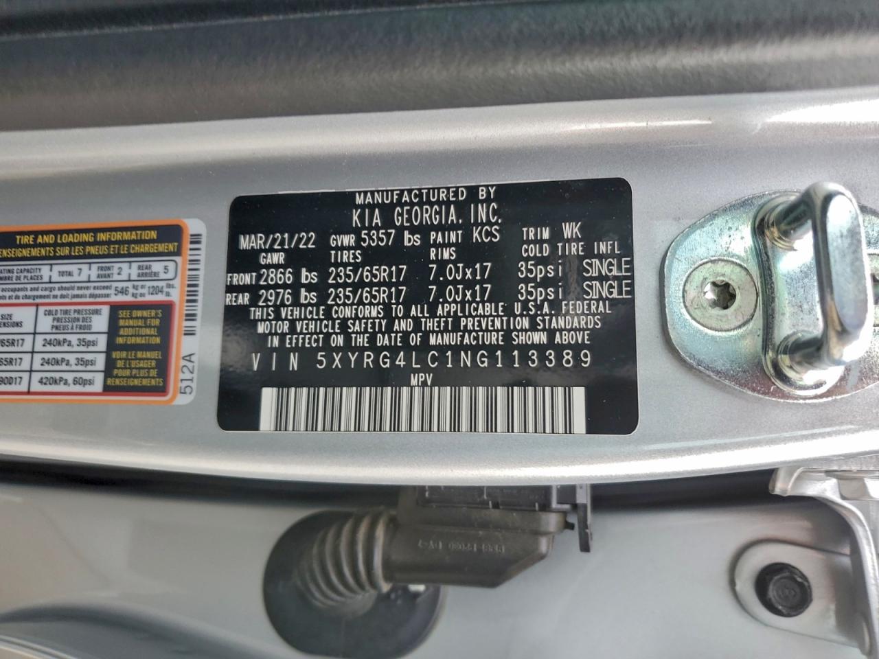 2022 Kia Sorento Lx VIN: 5XYRG4LC1NG113389 Lot: 93202395