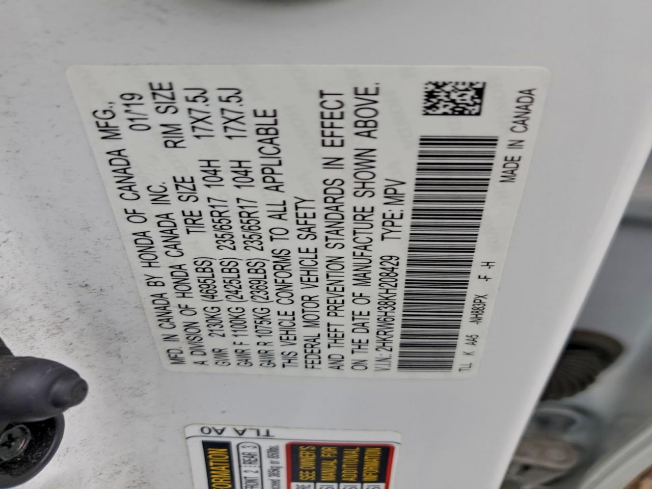 2019 Honda Cr-V Lx VIN: 2HKRW6H38KH208429 Lot: 94034425