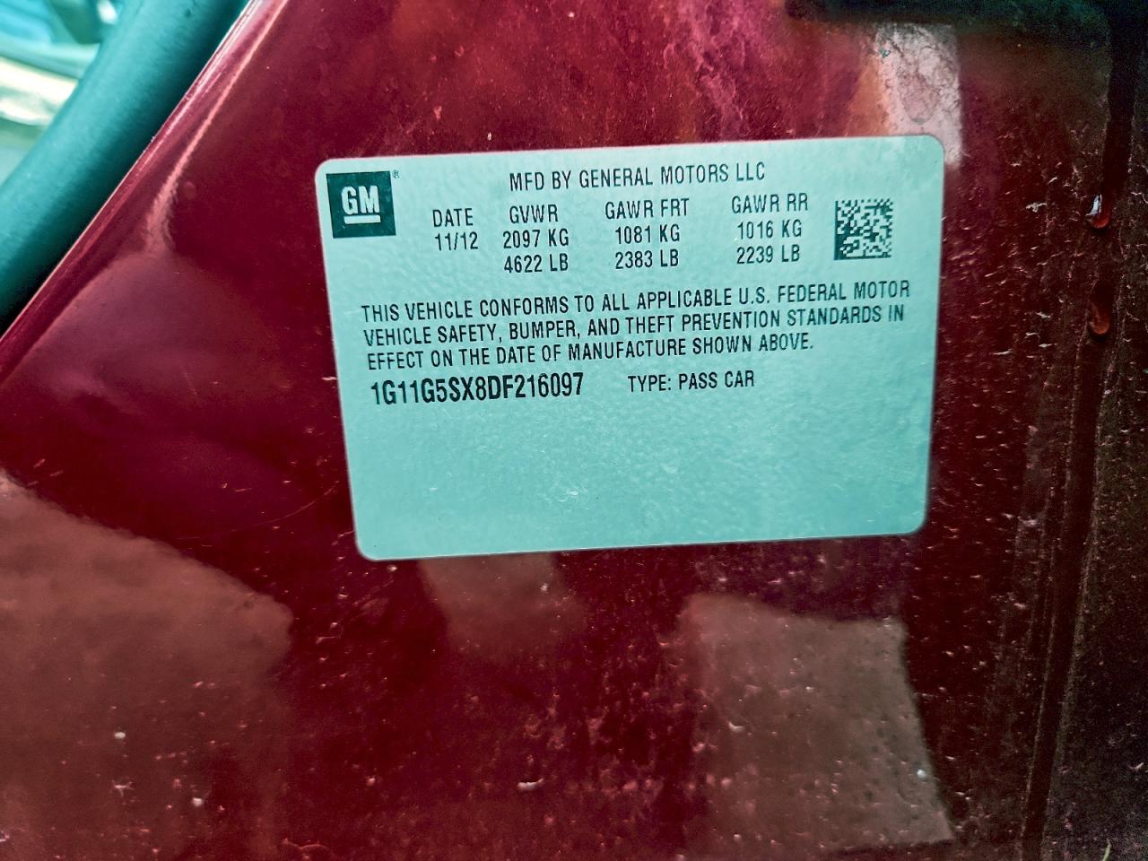 2013 Chevrolet Malibu 3Lt VIN: 1G11G5SX8DF216097 Lot: 93460105