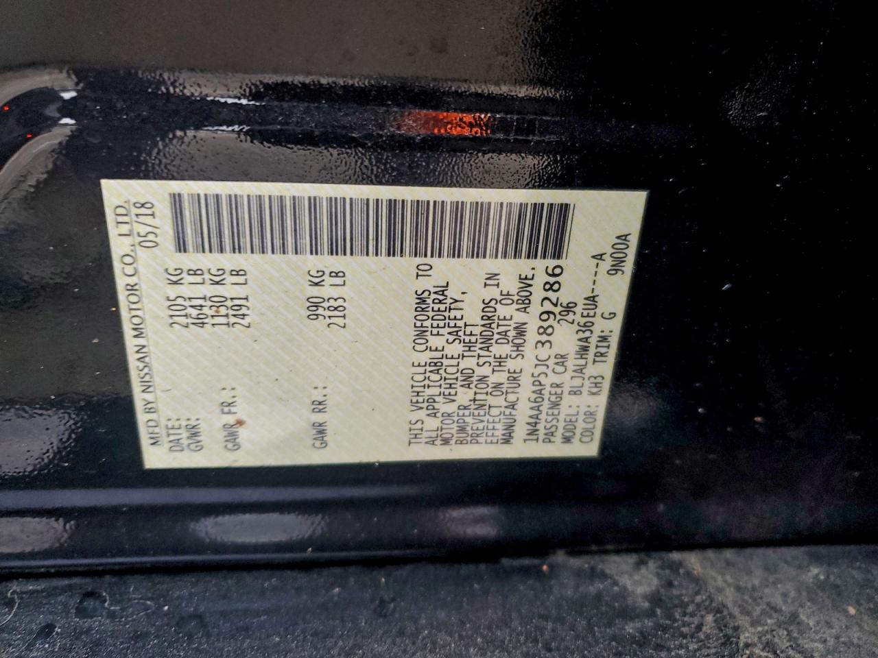 2018 Nissan Maxima 3.5S VIN: 1N4AA6AP5JC389286 Lot: 94416815