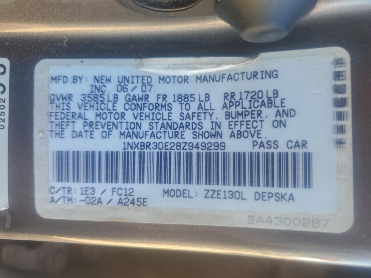 2008 Toyota Corolla Ce VIN: 1NXBR30E28Z949299 Lot: 94553405