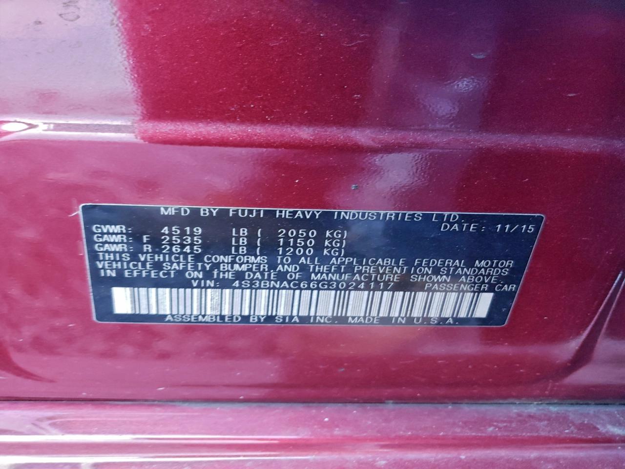 2016 Subaru Legacy 2.5I Premium VIN: 4S3BNAC66G3024117 Lot: 94097325