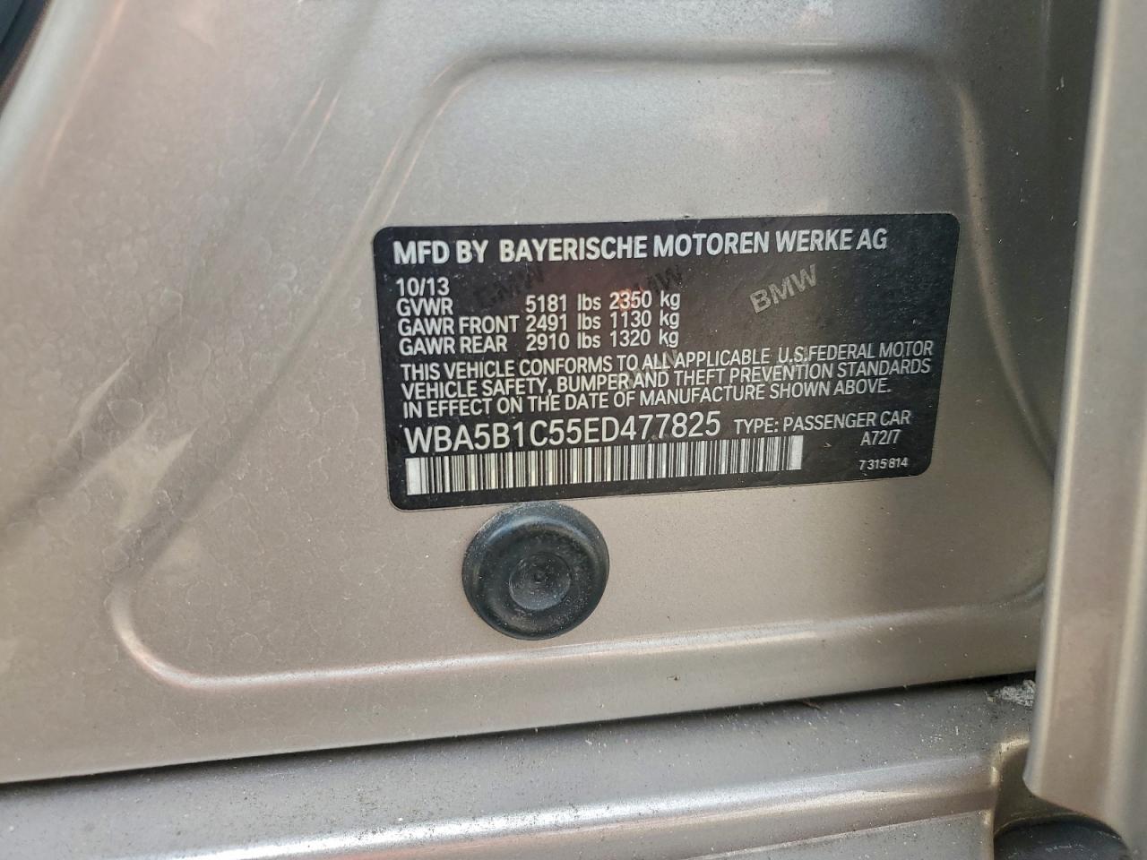 2014 BMW 535 I VIN: WBA5B1C55ED477825 Lot: 94196615